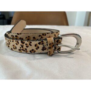 AL&C Leather & Calf Hair Belt Brass Leopard Print Buckle Tan Brown Sz M